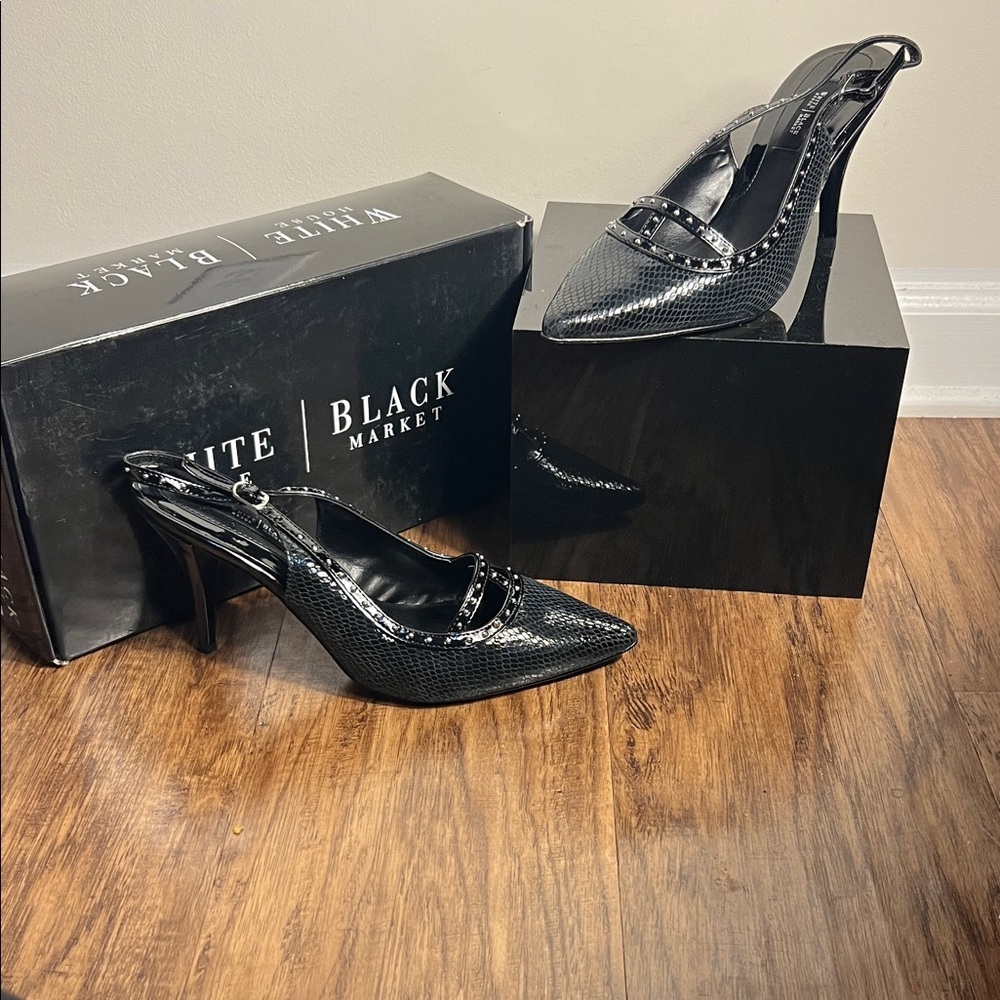 White House Black Market Glossy Black Slingback Heels